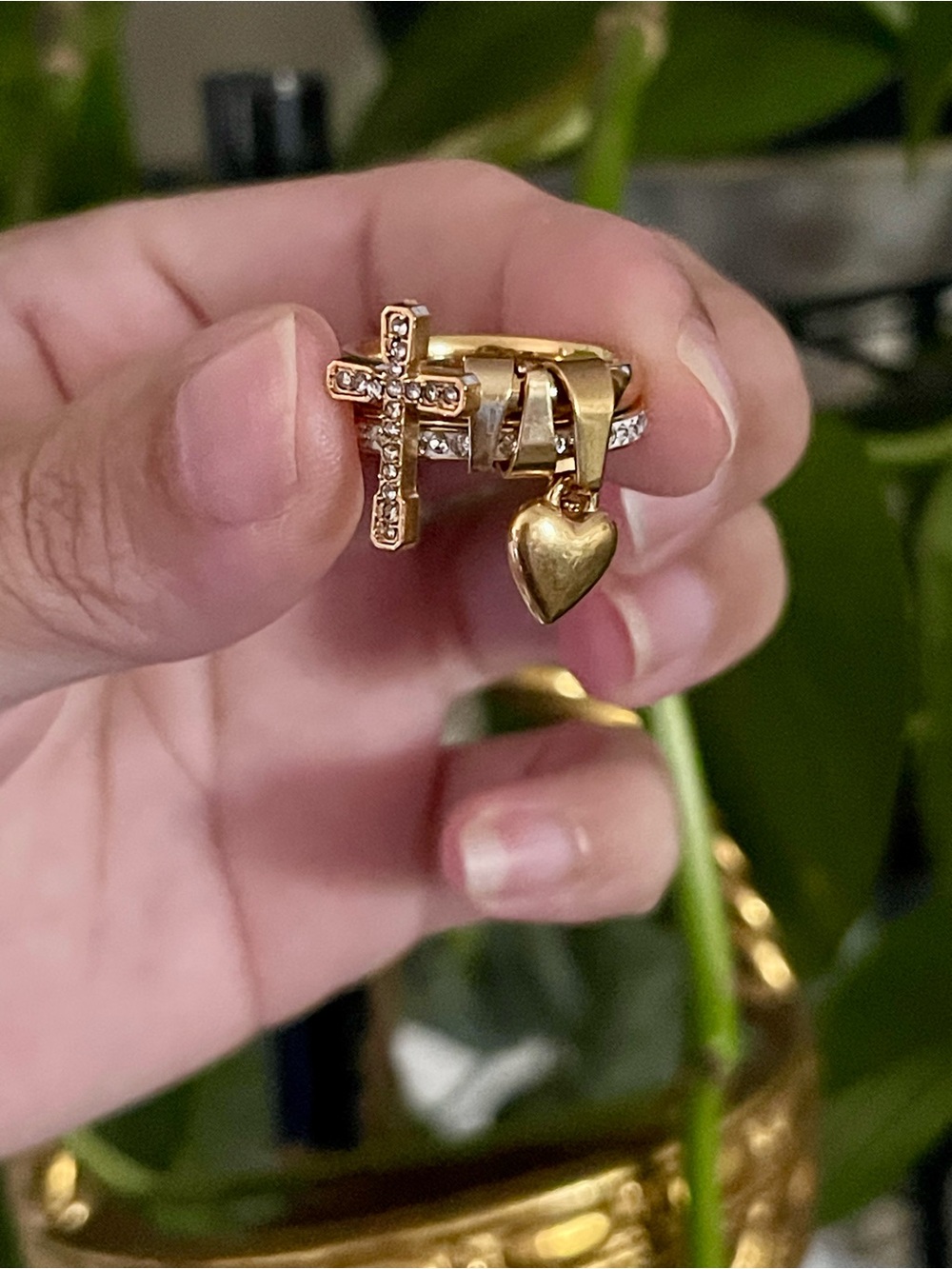 Gold Cross and Heart Charm Ring